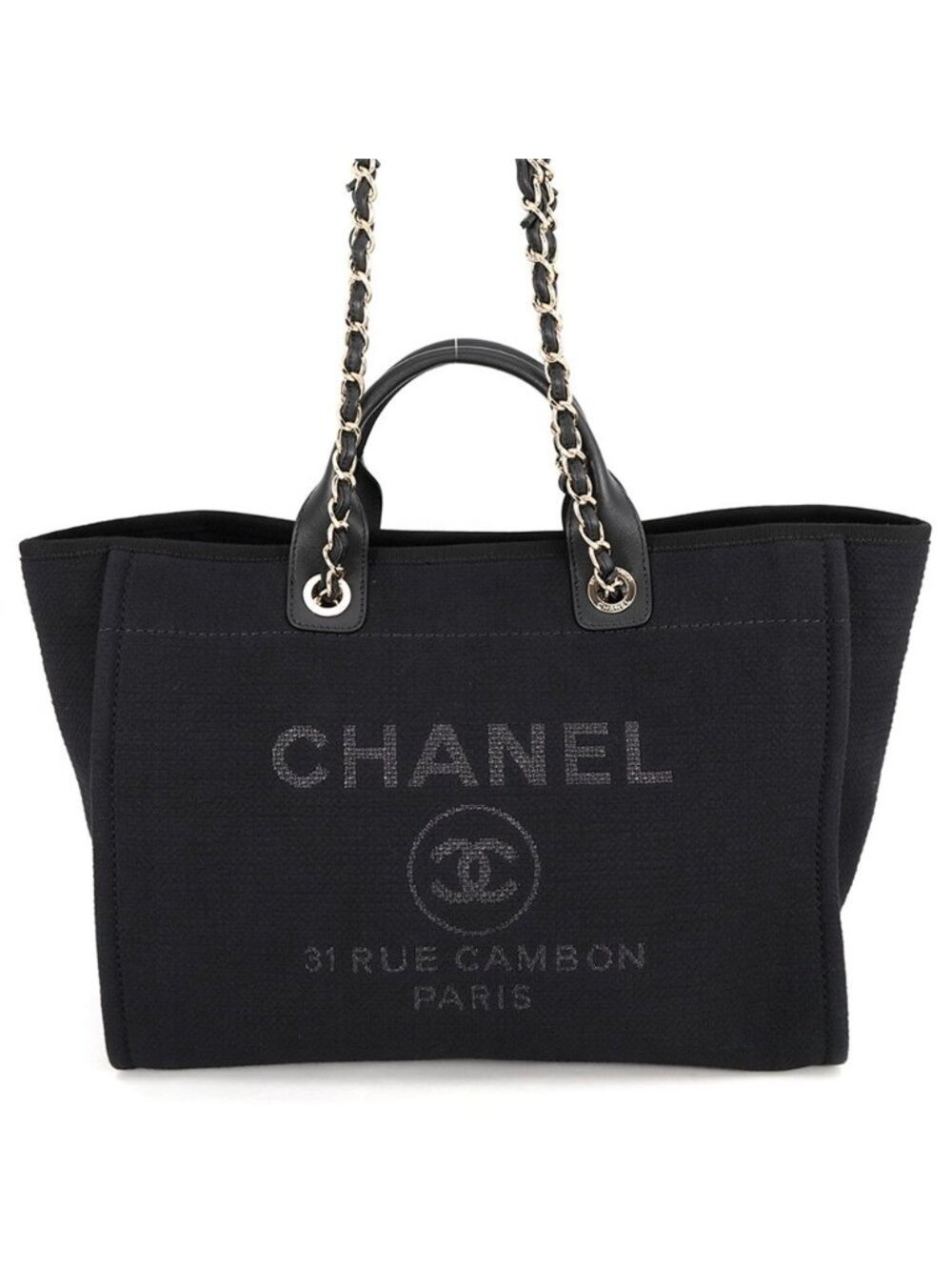 Chanel Tote Deauville Line CC Logo Canvas GM 2-Way Shoulder Bag Black
